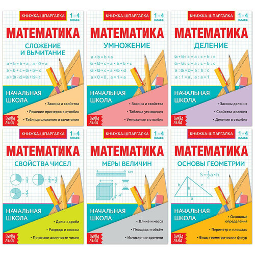 захарова ольга александровна практические задачи по математике 4 кл Набор шпаргалок Основы математики для детей 1-4 кл, конспект с правилами, подготовка к контрольной работе, 6 книг