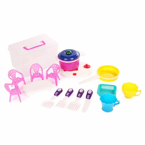 Набор посуды игровой TOY MIX Пластик, 15 предметов, с мебелью, в чемодане (ТС-04-040)