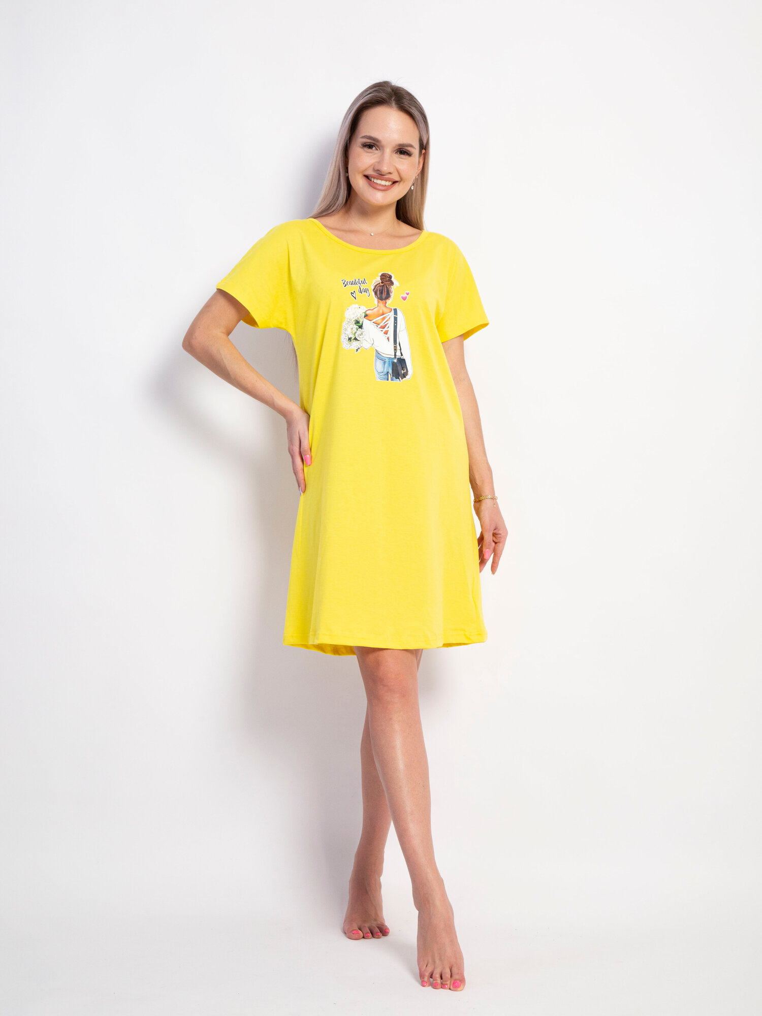 Женская летнее платье-ночная сорочка с коротким рукавом хлопок размер 56 цвет желтый