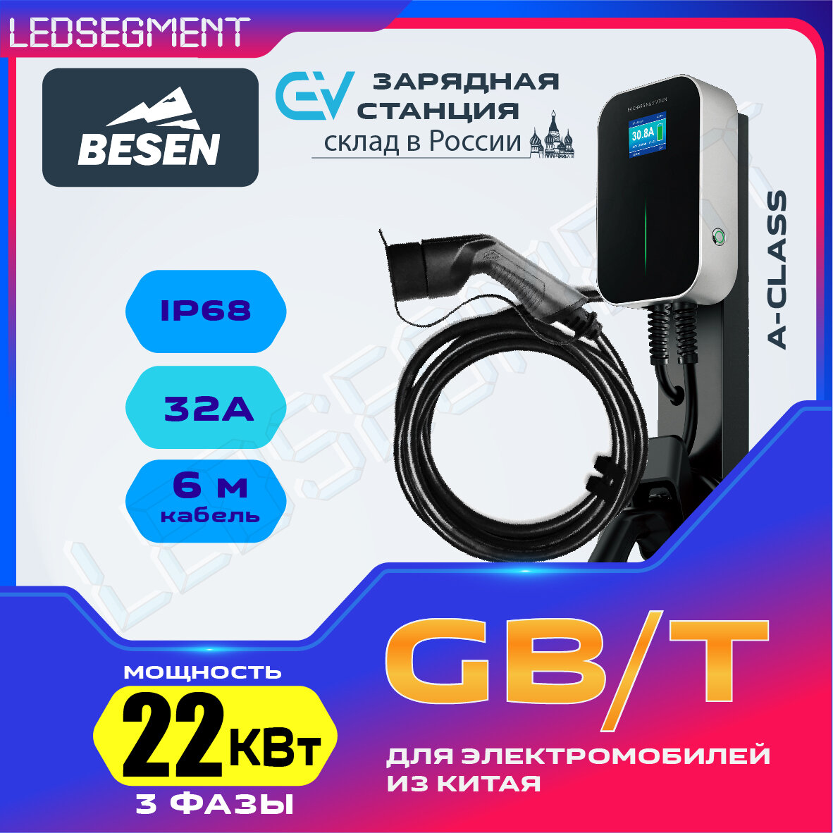 Зарядная станция для электромобиля Besen WallBox с кабелем GB/T 5м 22 кВт 32 A 3 фазы (управление кнопкой)