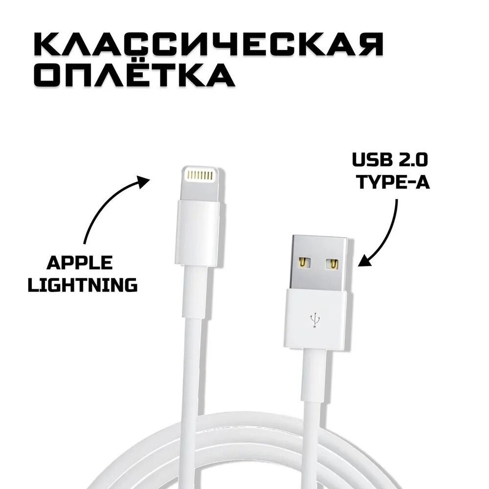 Кабель для зарядки и подключения iPhone, iPad, iPod USB / Lightning 1M — фото 1