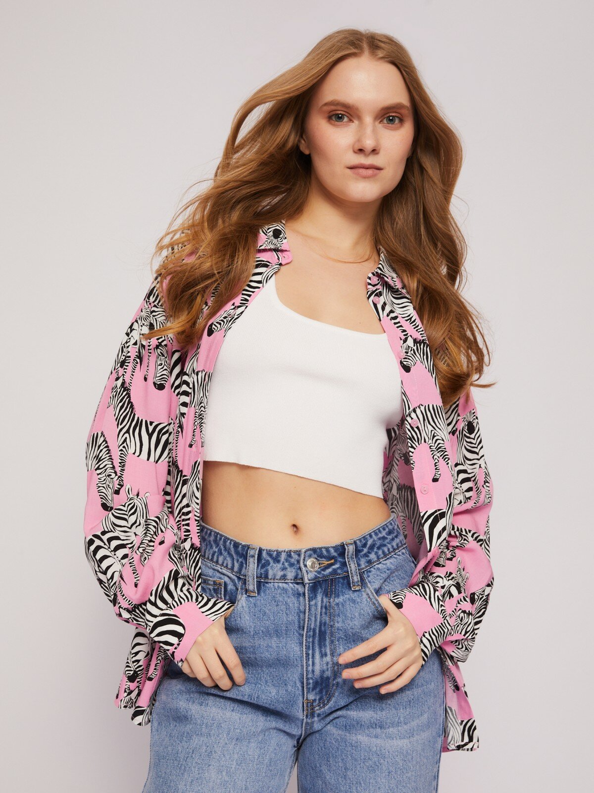 фото Принтованная рубашка из вискозы с длинным рукавом, цвет Розовый, размер M 02421114Y233