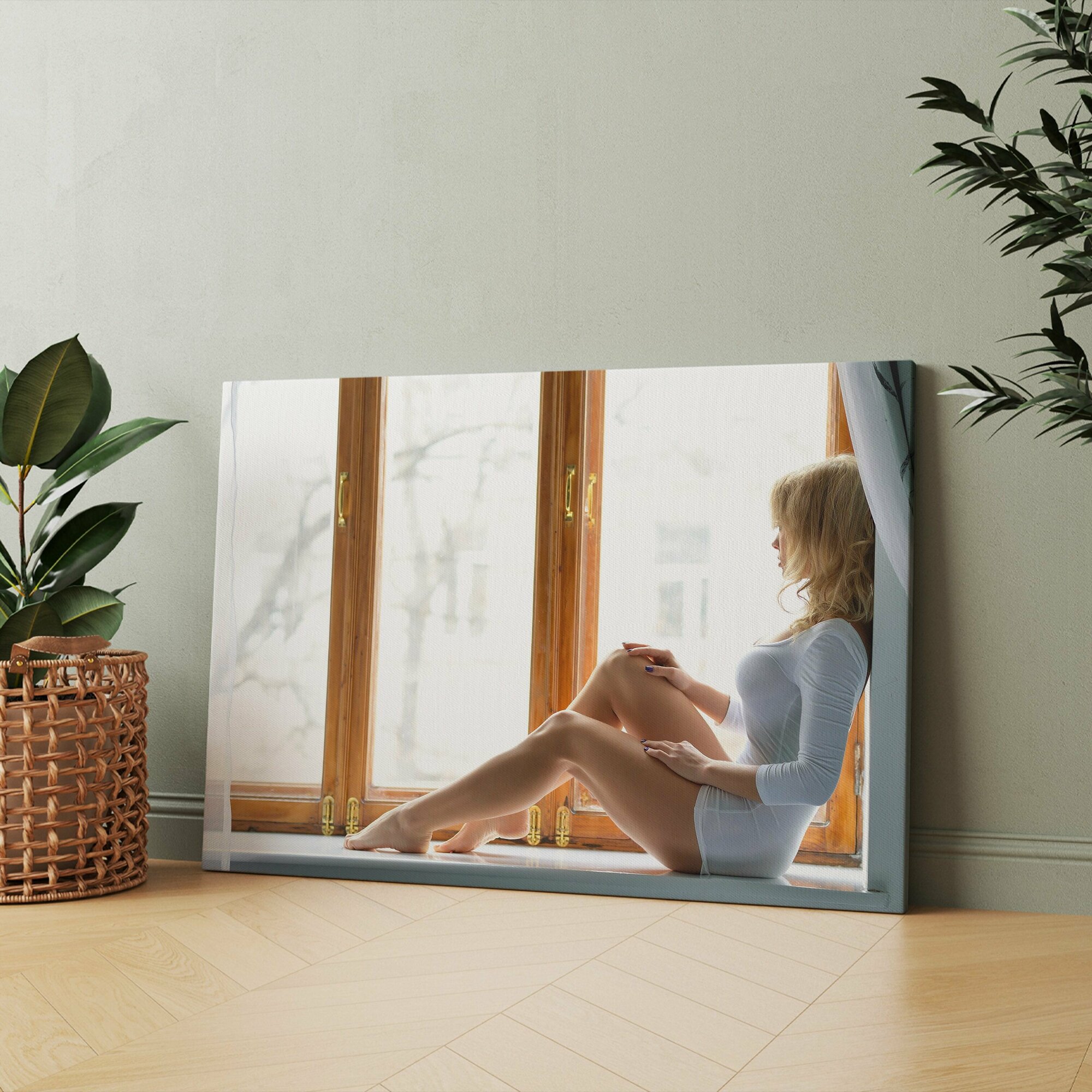 Картина на холсте (сидит на подоконнике русская девушка у окно) 30x40 см/для интерьера/в комнату/на стену/в подарок
