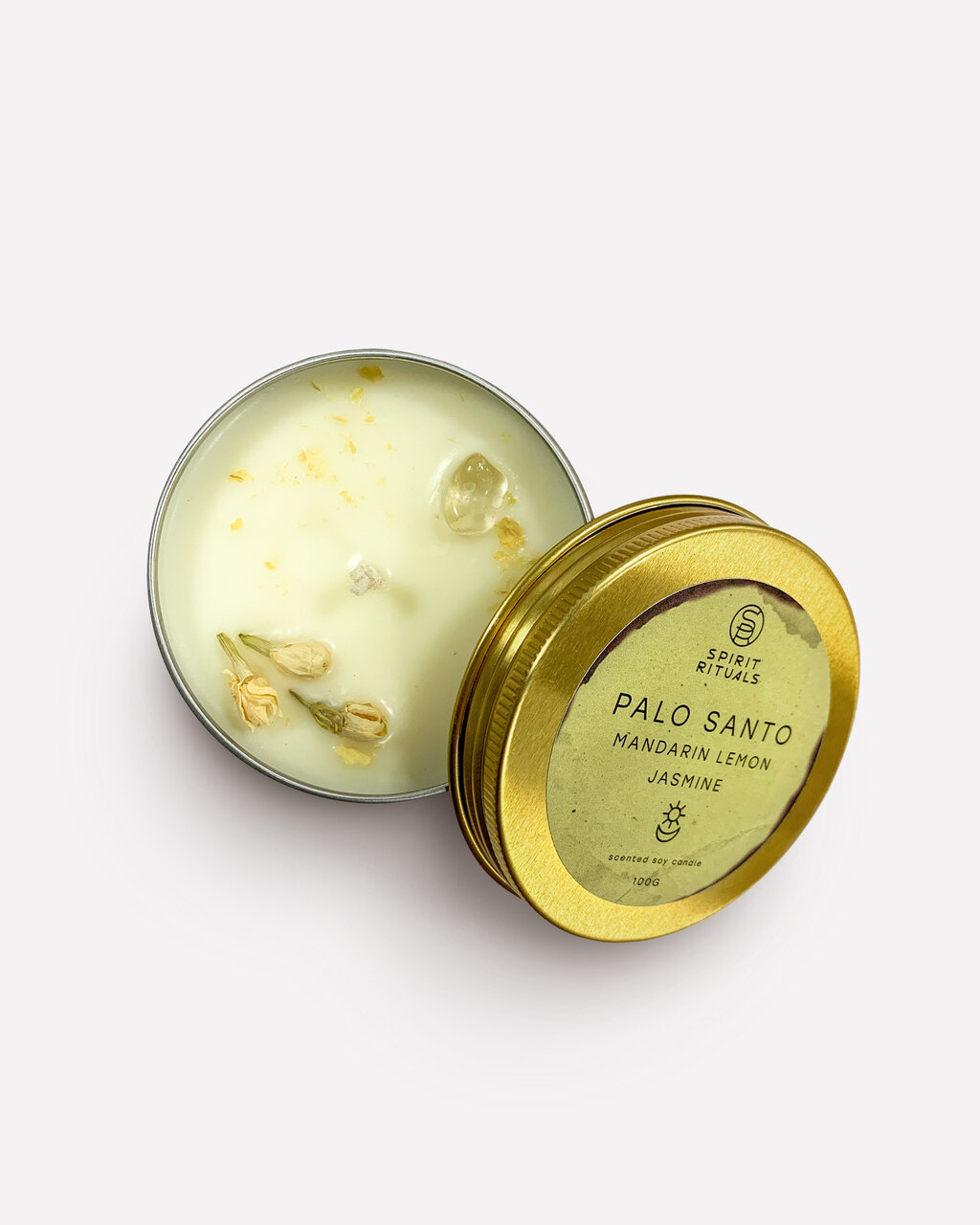 фото PALO SANTO MANDARIN LEMON JASMINE Scented Soy Candle, Spirit Rituals (пало санто мандарин лимон жасмин свеча с эфирными маслами, кристаллом Цитрина и цветками жасмина), 100 г.