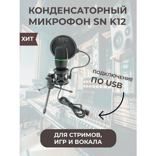 Микрофон игровой для стриминга Конденсаторный Snowman К12 USB компьютерный для записи стримеров подкастов и видеоблогов караоке черный 130000₽