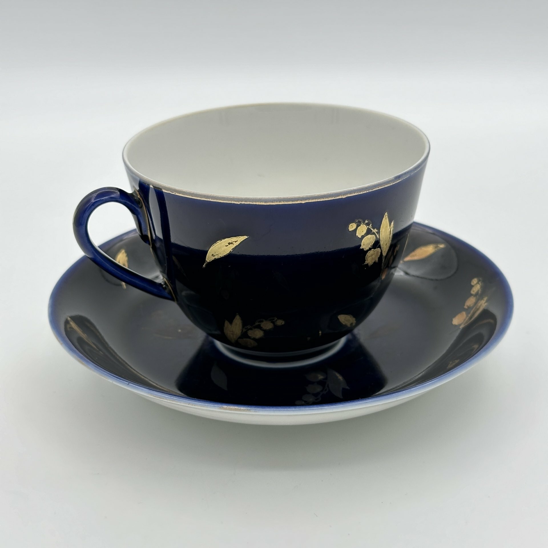 фото Чайно-кофейная пара "Ландыши", фарфор, кобальт, золочение