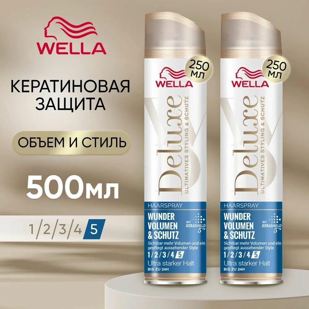 Лак для волос антистатик WELLA Deluxe Кератиновая Защита, сверхсильной фиксации (5 из 5) 500 мл, стайлинг, средство для укладки и объема, набор (2 бутылочки по 250 мл)
