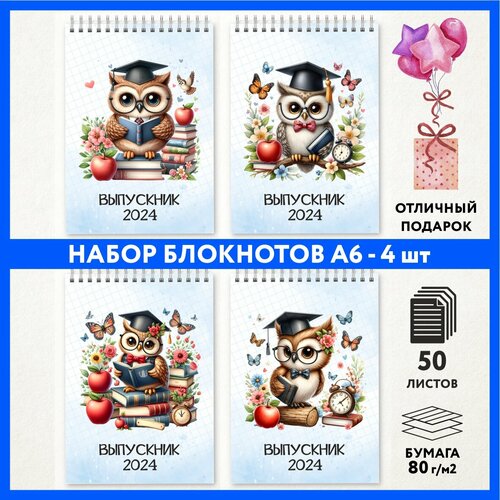 Набор блокнотов А6 - 4 шт подарок выпускнику детского сада на 1 сентября и День Рождения Школьная сова 222 - 3 notepad_school_owls_222_A6_set_3 699₽