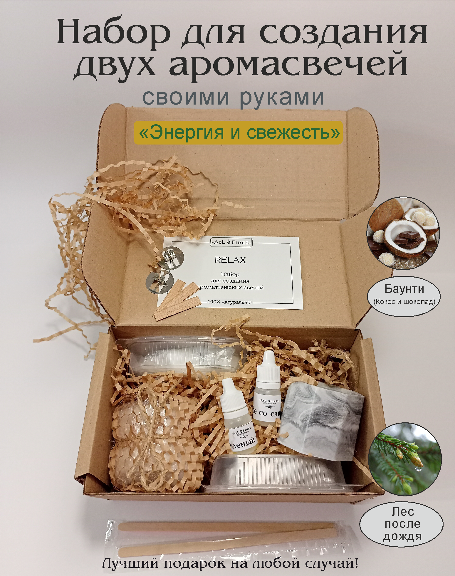Подарочный набор для изготовления 2 ароматических свечей в гипсовых подсвечниках. Создание свечей из кокосового воска. Набор для творчества (киш/лпд)