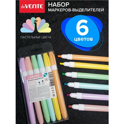 Набор маркеров текстовыделителей Pastel 6 цветов желтый зеленый оранжевый розовый сиреневый голубой круглый корпус скошенный наконечник ширина линии 1-4 мм 154₽
