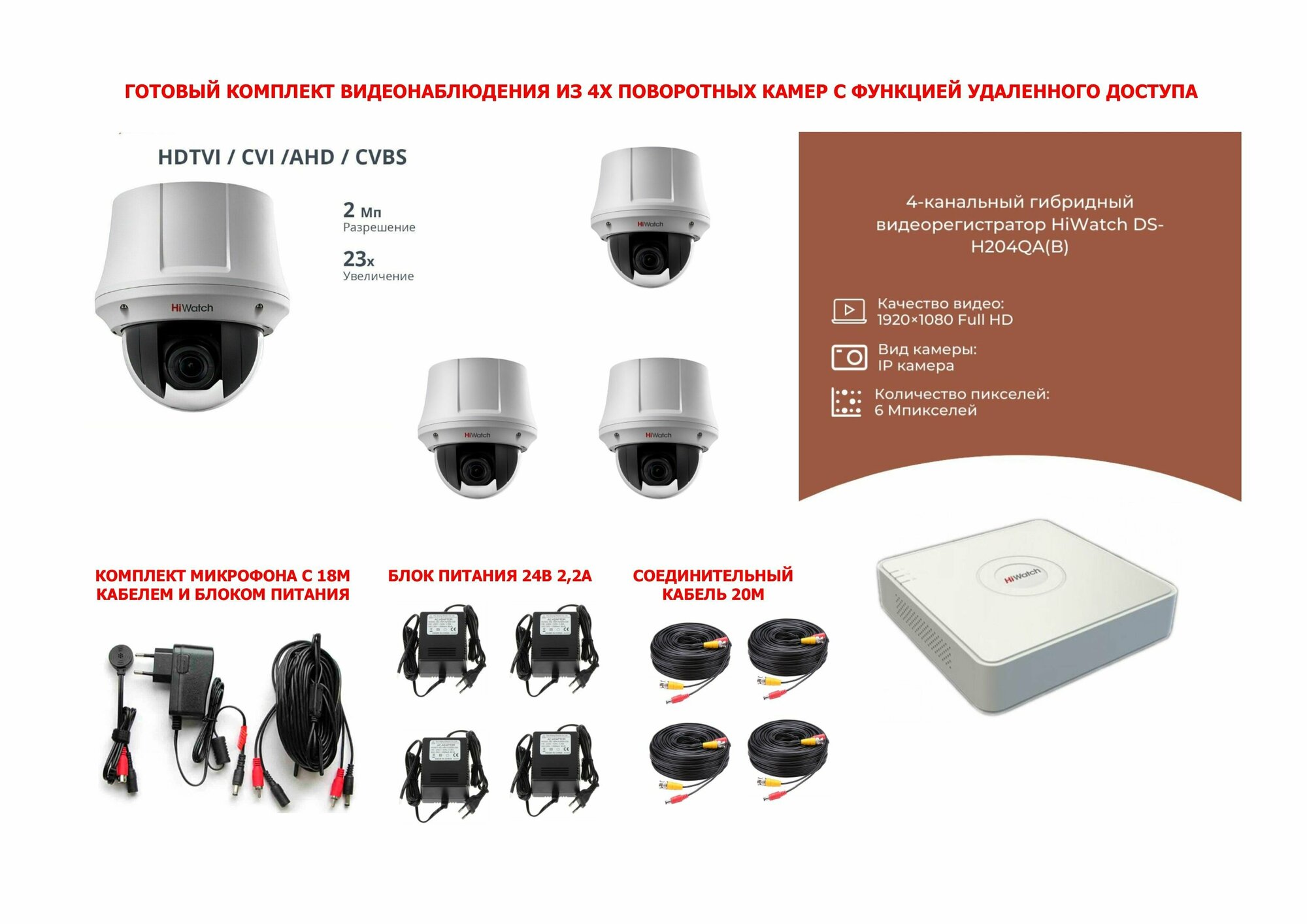 Готовый комплект видеонаблюдения из 4х поворотных камер и удаленным доступом