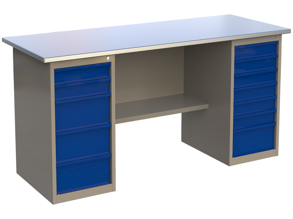 фото Стол верстак слесарный металлический с 2 тумбами 5 и 7 ящиков, 1800 мм, MasterLine, Wellmet ML 1800 ML5/ML7