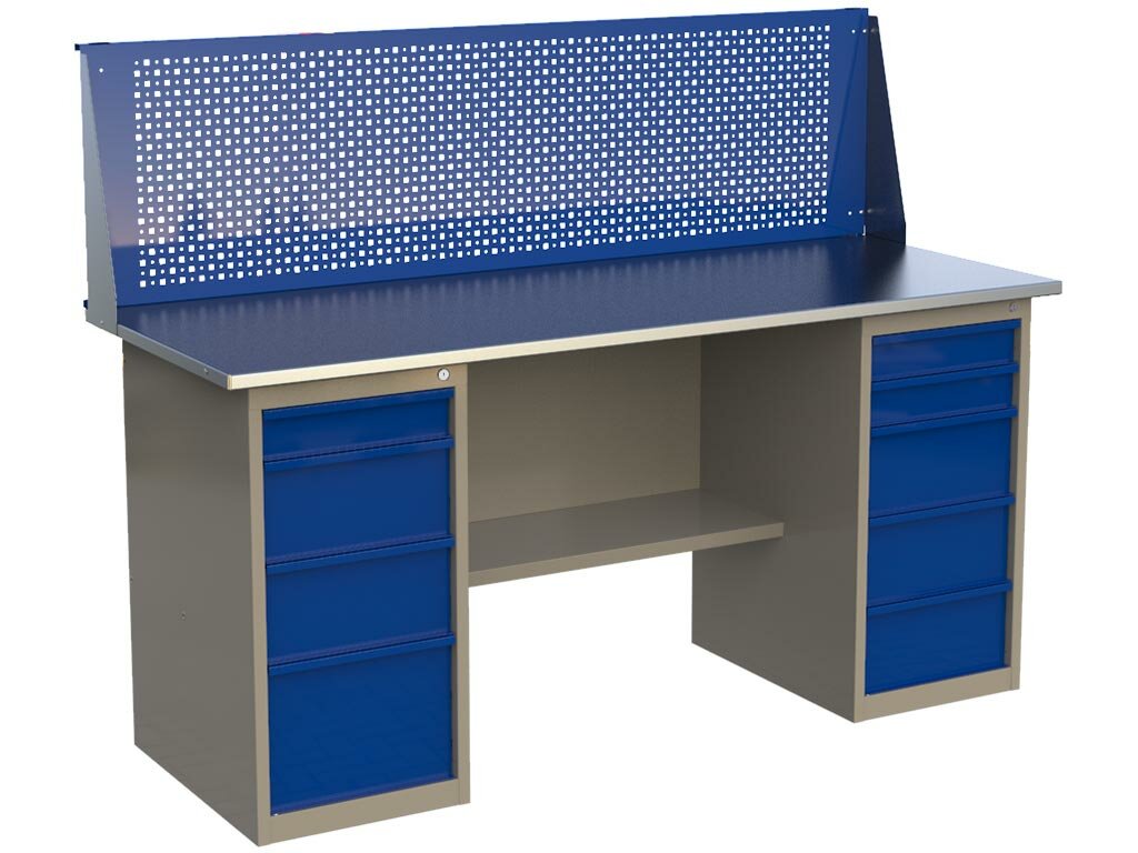 фото Стол верстак слесарный металлический с 2 тумбами 4 и 5 ящиков, с экраном, 1800 мм, MasterLine, Wellmet ML 1800 ML4/ML5P