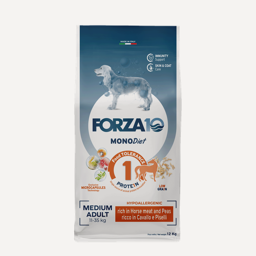 Изображение товара Сухой корм для собак Forza10 MEDIUM DIET, при чувствительном пищеварении, гипоаллергенный, конина, с горошком 12 кг (для средних пород)