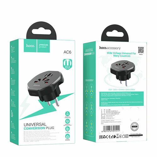 Переходник для розеток Hoco AC6 вилка EU EU PlugUK PlugAUS PlugUS Plug3C 3Plug3C 2Plug 428₽