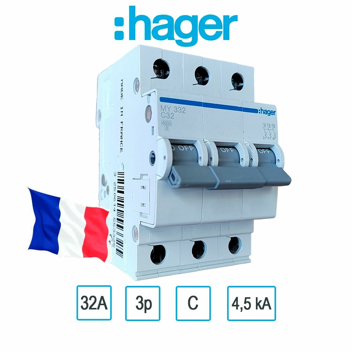 Автоматический выключатель  32А  3P  C  4 5 kA  Hager  MY332