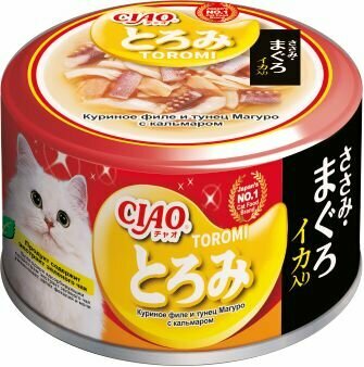 INABA CIAO Корм влажный для кошек Toromi Куриное филе и тунец Магуро с кальмаром в бульоне 80г*6шт(480гр.)