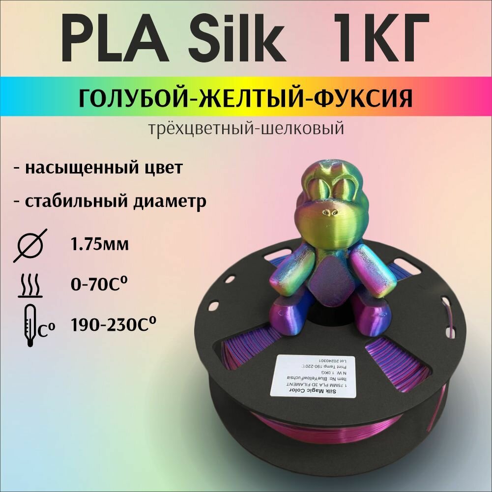 Пластик для 3D печати PLA Silk трехцветный, радужный, шелковый. 1кг