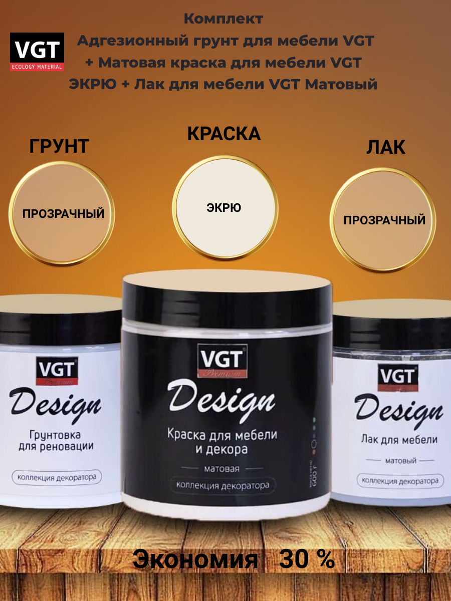 Комплект Адгезионный грунт для мебели VGT + Матовая краска для мебели VGT экрю + Лак для мебели VGT Матовый