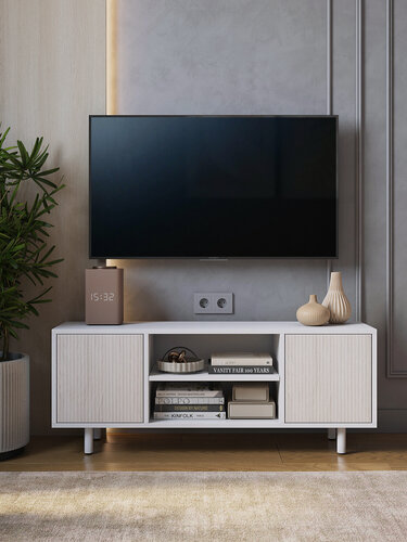 Изображение товара Тумба под ТВ в гостинную тв-тумба с фасадами и полками белая на ножках