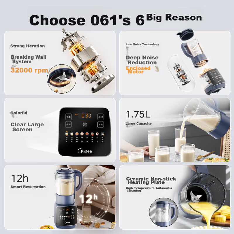 Midea High-Speed Blender for Home Use, 1.75L Large Capacity Multifunctional Breakfast Soy Milk Maker, Programmable Heating Food Processor, Juicer, National Subsidy PB10G2-061