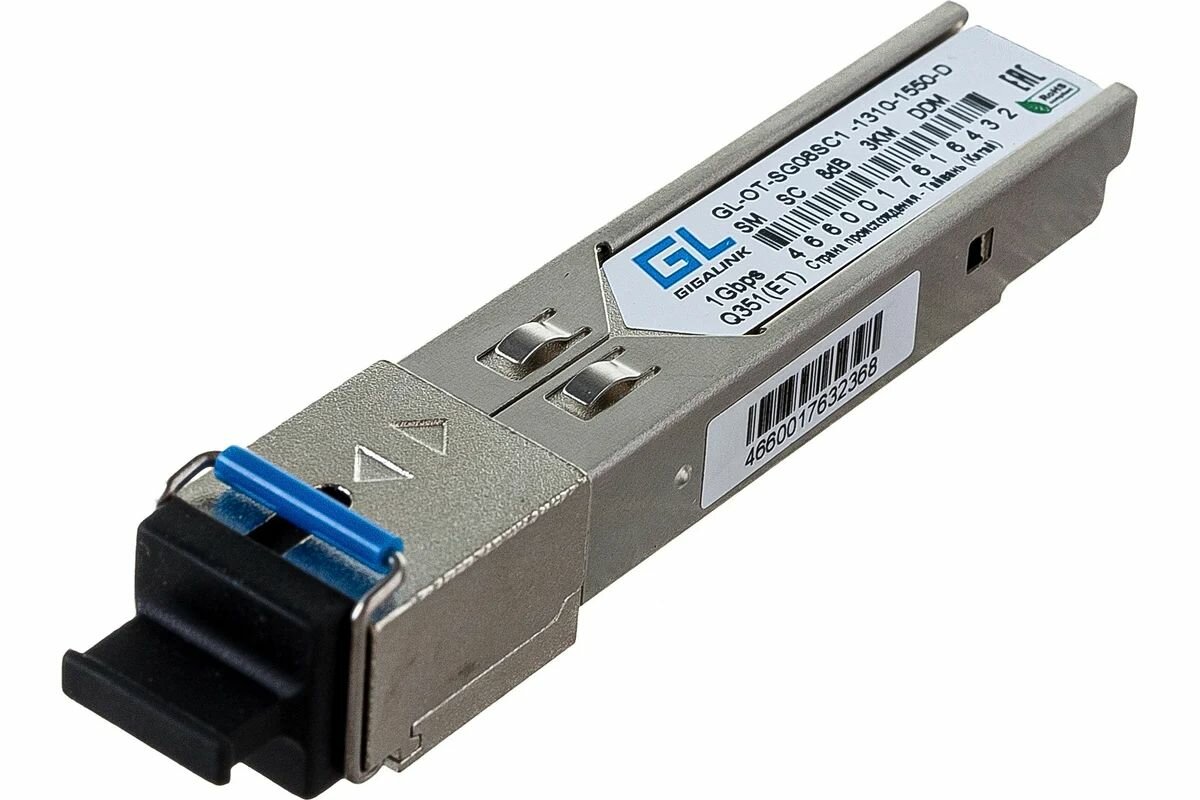 Модуль SFP WDM Gigalink GL-OT-SG08SC1-1310-1550-D, 1.25 Гбит/с, 1 ОВ, SM, 1xSC, Tx:1310/Rx:1550 нм, DDM, 8 дБ (до 3 км)