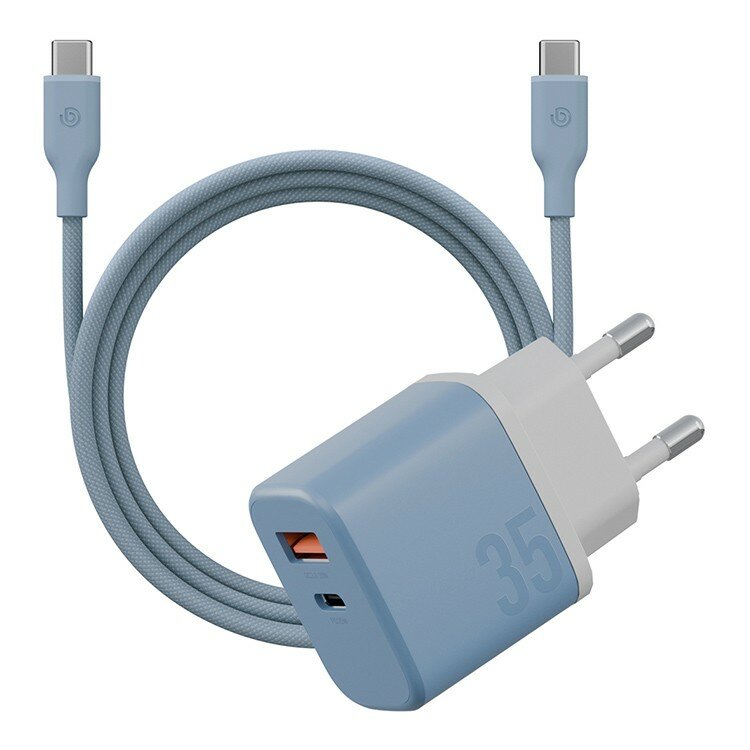 Сетевое зарядное Energea Bazic GoPort Velox Kit GaN35, USB-C+USB-A +кабель Weave USB-C to C 1.5m, Bubblegum