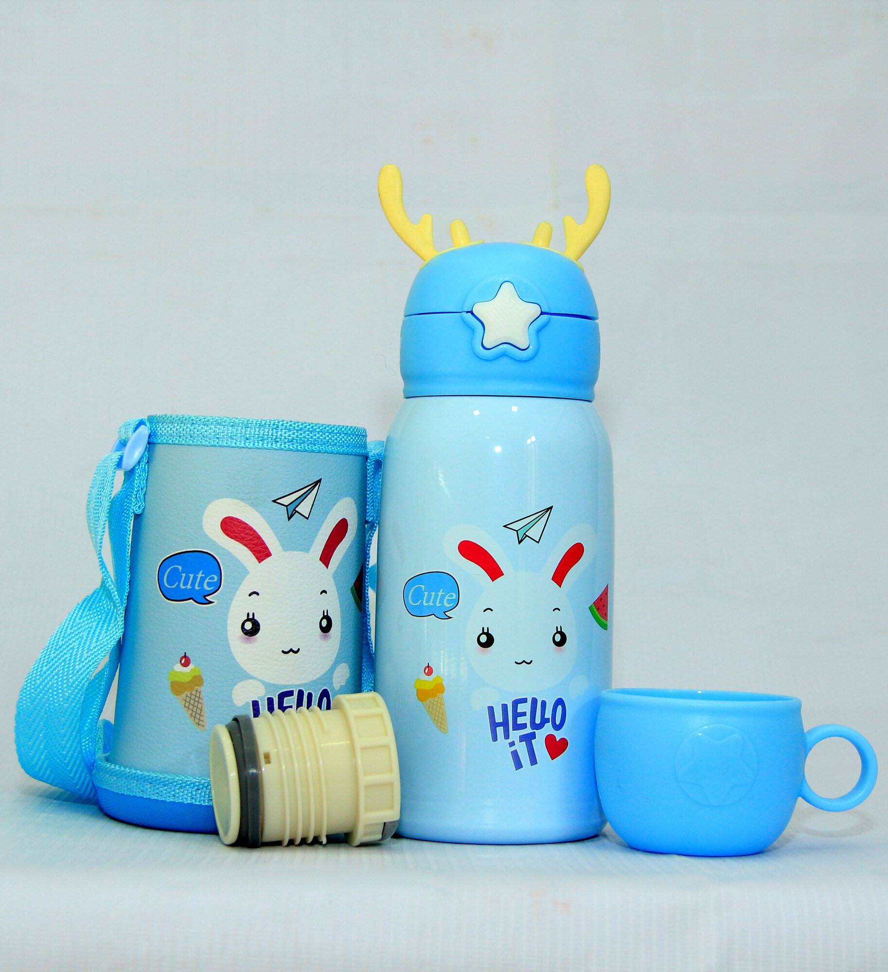 Термос "Рожки", для детей, с чехлом и кружкой, нержавеющая сталь, 500 мл синий — фото 1