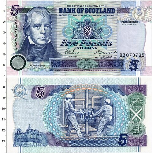 Клуб Нумизмат Банкнота 5 фунтов Шотландии 2002 года Вальтер Скотт