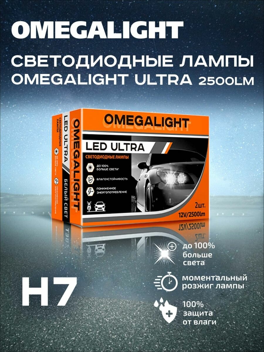 Светодиодные лампы Omegalight Ultra H7 2500lm 2шт
