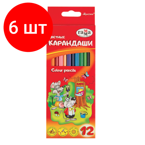 Комплект 6 шт, Карандаши цветные гамма Мультики, 12 цветов, заточенные, трехгранные, картонная упаковка, 05091807, 050918_07