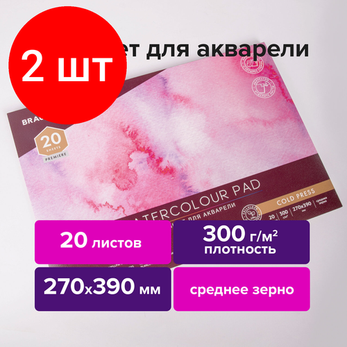 Комплект 2 шт, Папка для акварели/планшет, 300 г/м2, 270х390 мм, склейка, среднее зерно, 20 л, BRAUBERG ART PREMIERE, 113248