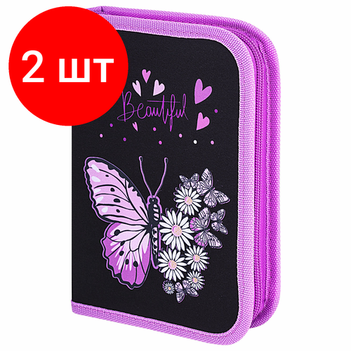 Комплект 2 шт, Пенал BRAUBERG с наполнением, 1 отделение, 1 откидная планка, 24 предмета, 21х14 см, Flower butterfly, 271524