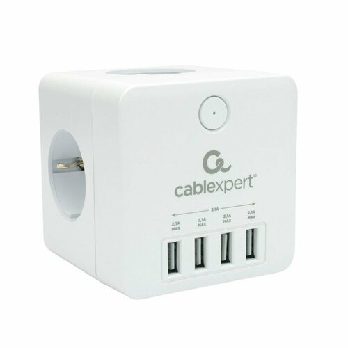 Сетевой фильтр Cablexpert Cube CUBE-4-U4-W, 4 р, 16А, 4хUSB, ур. защиты 2+, белый, коробка сетевой фильтр cablexpert tower twr 5 u4 w 2 5р 10а 4хusb 3 1а 2м ур защиты 4 белый 1030905