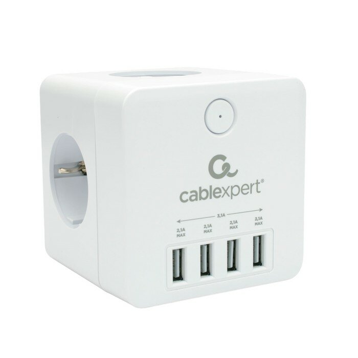 Сетевой фильтр Cablexpert Cube, 4 розетки, 4хUSB, белый, коробка