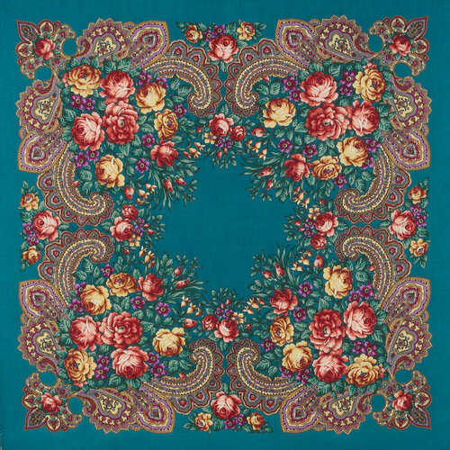 Платок Павловопосадская платочная мануфактура,89х89 см, зеленый, голубой павловопосадский платок незнакомка 779 3