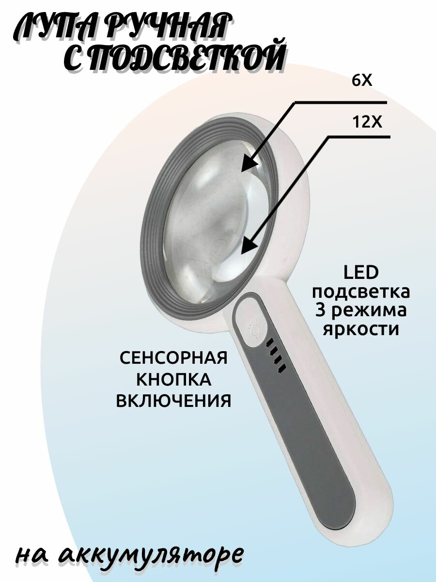 Лупа ручная с подсветкой 16LED 6x 12x сенсорная