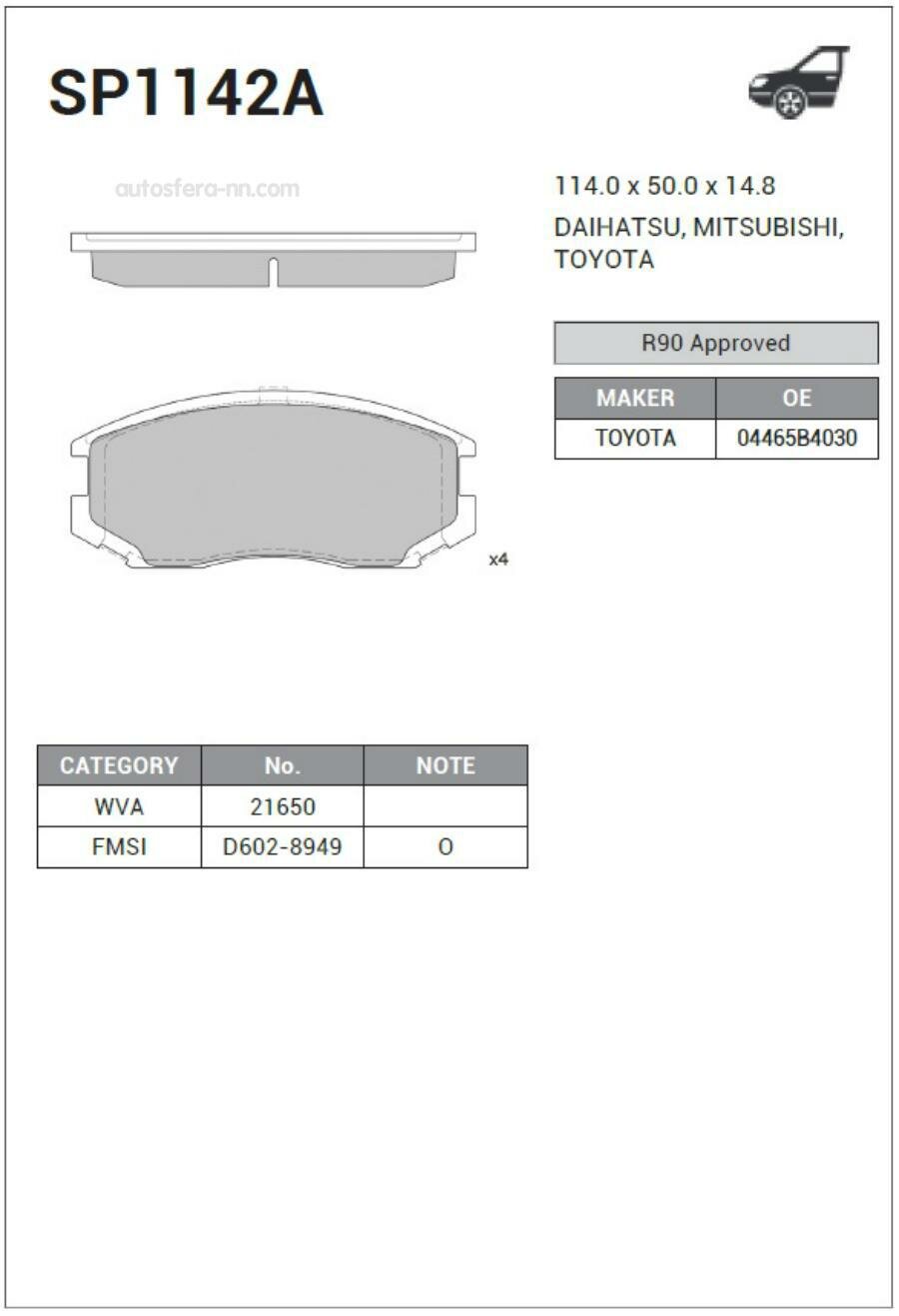 SANGSIN BRAKE SP1142A SP1142A_колодки дисковые передние!\ Mitsubishi Lancer/Colt 1.3-1.8 89-92