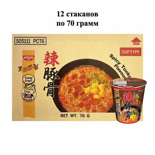 Лапша быстрого приготовления Тонкацу острая Nissin, стакан 70 г х 12 шт