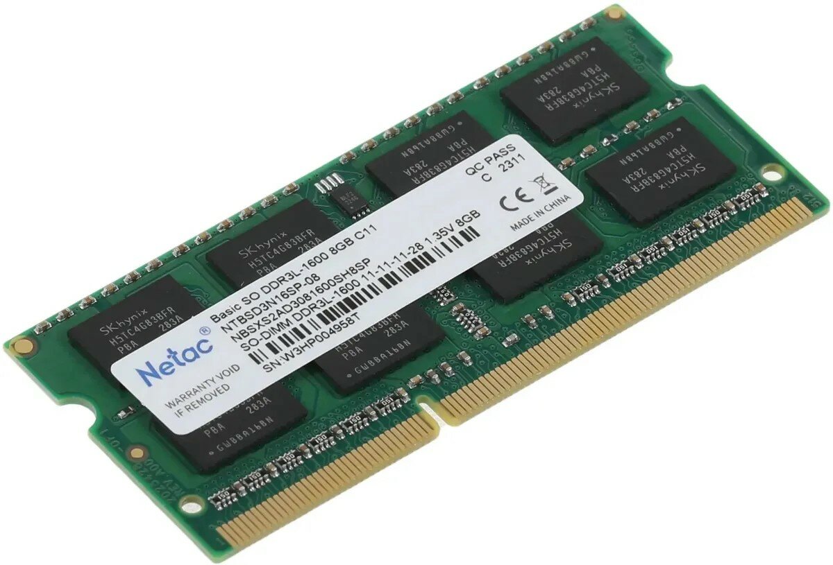 Оперативная память SO-DIMM DDR3L 8Gb PC12800 1600MHz CL11 135V Netac (NTBSD3N16SP-08)