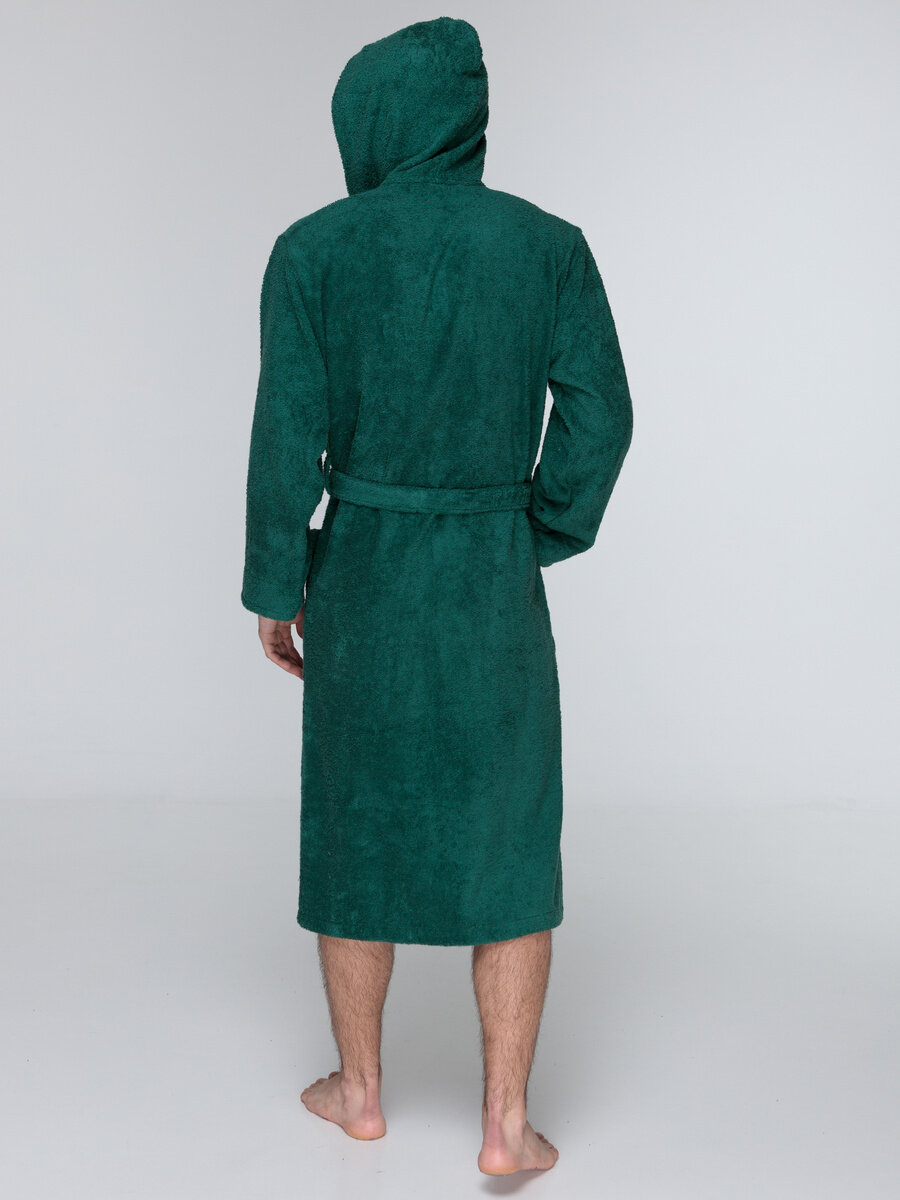 Мужской зеленый махровый халат с капюшоном 48 - фотография № 5