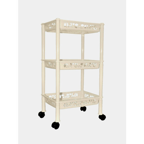 Этажерка широкая на колесах для ванной и кухни трехъярусная полка для хранения Размер 36х28х69 см ДхШхВ Цвет Слоновая кость 3639₽