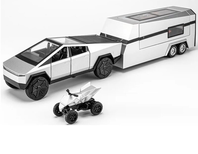 Модель металлическая Tesla Cybertruck Pickup с кемпером и квадриком 35 см. свет, звук CZ58A (Цвет: Серебро)