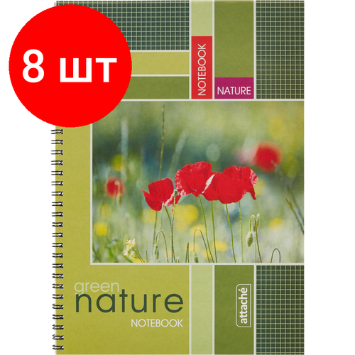 Комплект 8 штук, Тетрадь общая Attache,60л, клет, А4, спир, обл. мел. карт