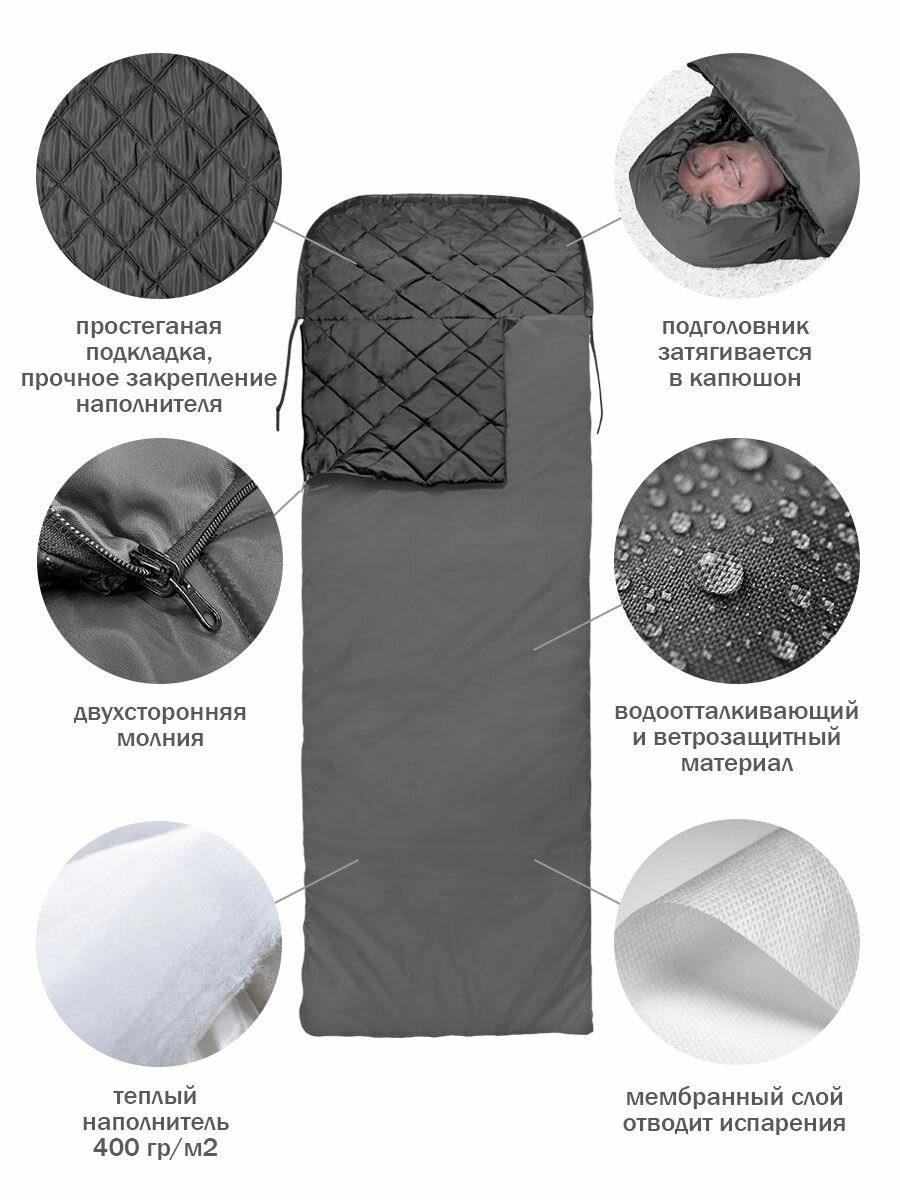 Спальный мешок зимний 70х190+40 см спальник туристический с капюшоном -20