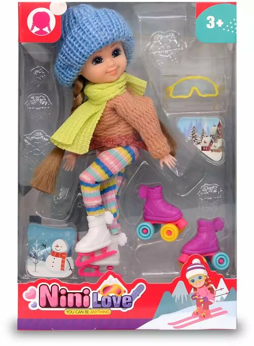 Кукла в зимней одежде на коньках с аксессуарами