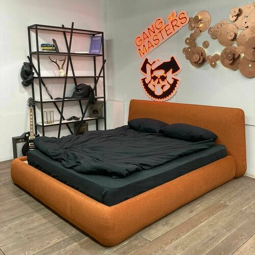 Двуспальная кровать с подъемным механизмом 180х200 Скайлайн с мягким изголовьем для дома для спальни ортопедическое основание ламели усиленные рогожка оранжевая Банда Мастеров Россия 88000₽