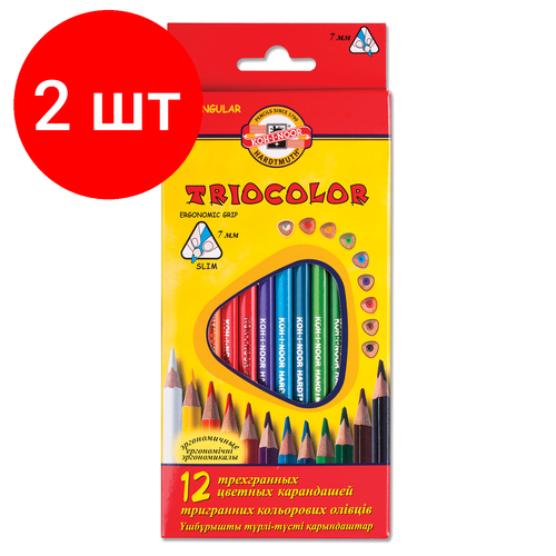 Комплект 2 шт, Карандаши цветные KOH-I-NOOR Triocolor, 12 цветов, трехгранные, грифель 3.2 мм, европодвес, 3132012004KSRU