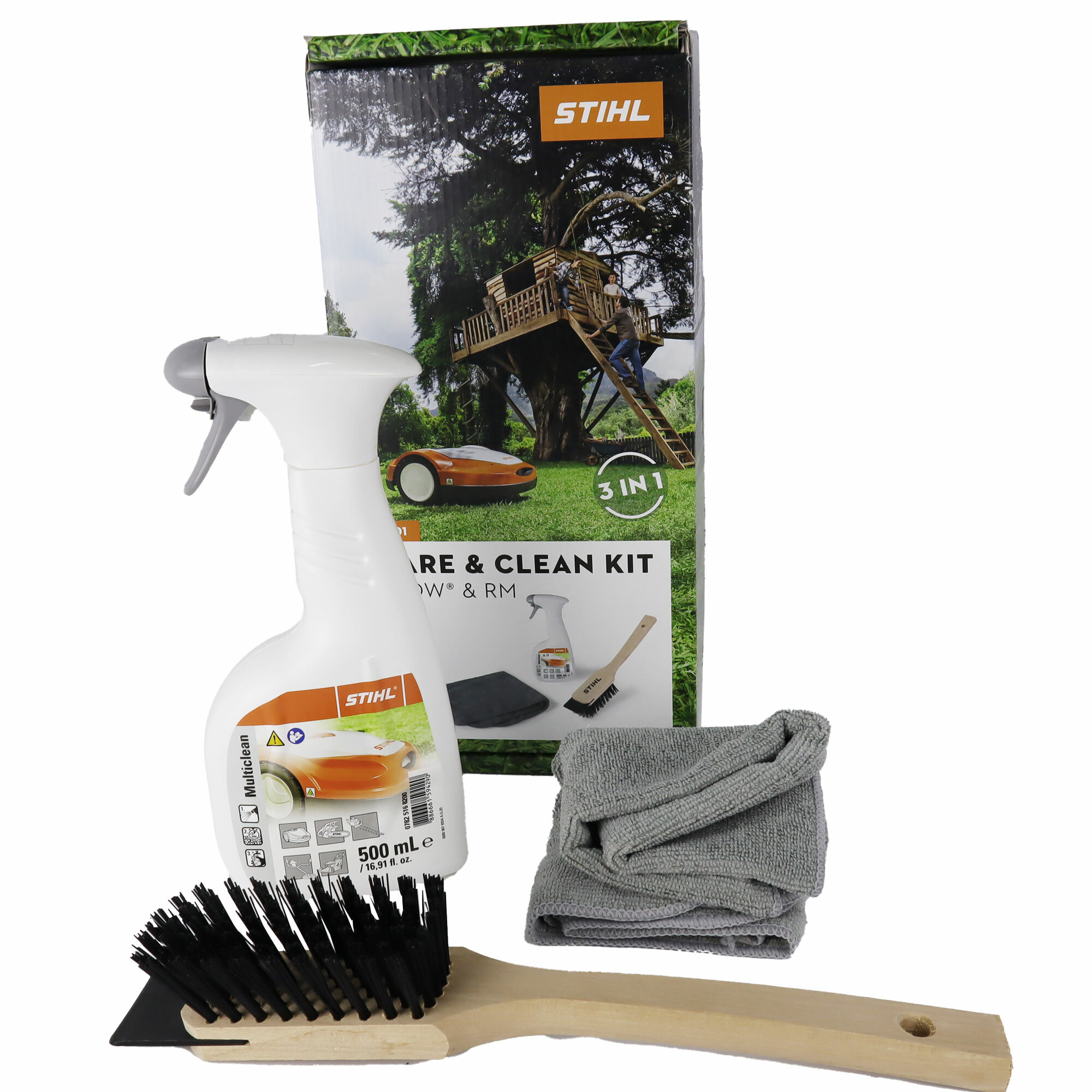 фото Набор для очистки и обслуживания газонокосилок Stihl Care&Clean, в комплетке чистящее средство Multiclean, щетка со скребком, салфетка из микрофибры