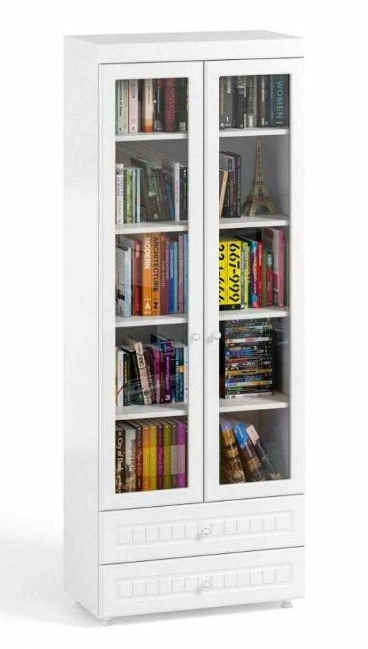 фото Шкаф 2дв (410) с 2 Малыми стеклянными дверьми и ящиками (библиотека) Катрин-К МН-46 Монако Белое дерево